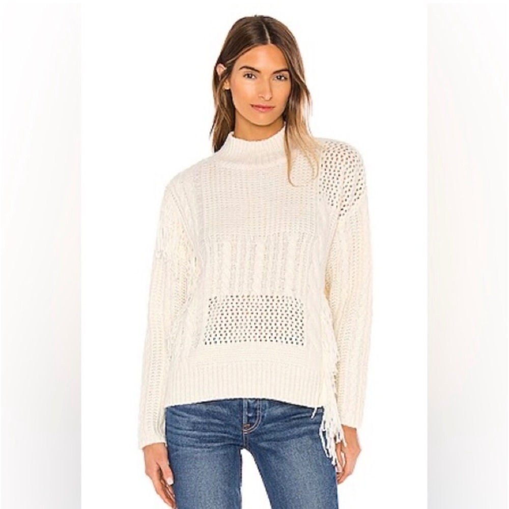 Line & Dot Thea Distressed Fringe Cable Knit Sweater Ivory XS